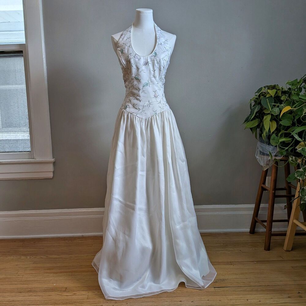 Vintage 90s Y2K JM for Gunne Sax White Gown Halter Maxi Dress Bridal Size 11/12